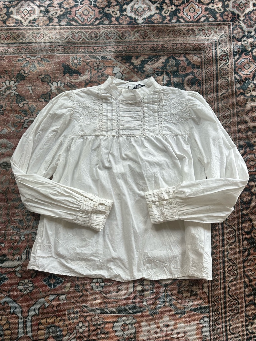 Zara White Pintuck Smocked Yoke Blouse